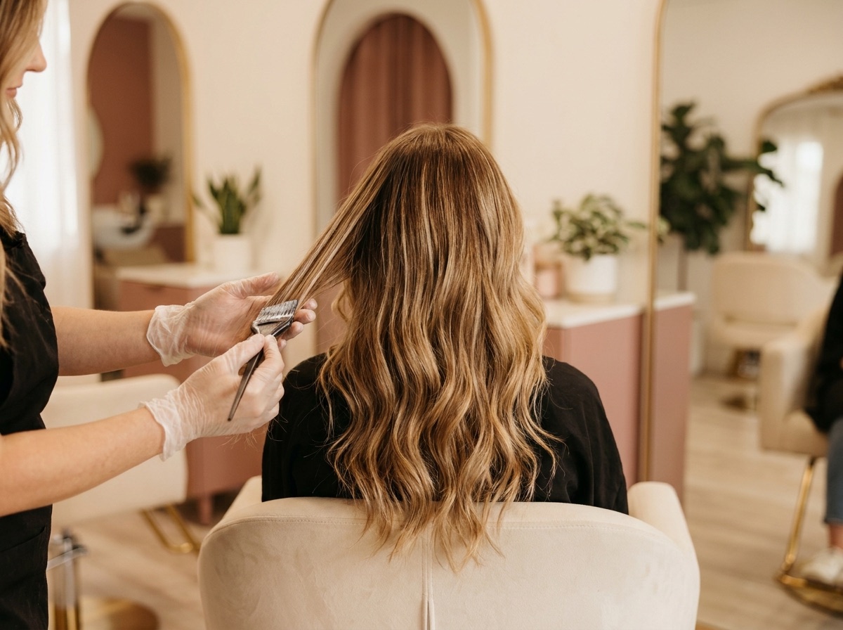 Cabeleireira a pintar balayage à mão em cabelo comprido