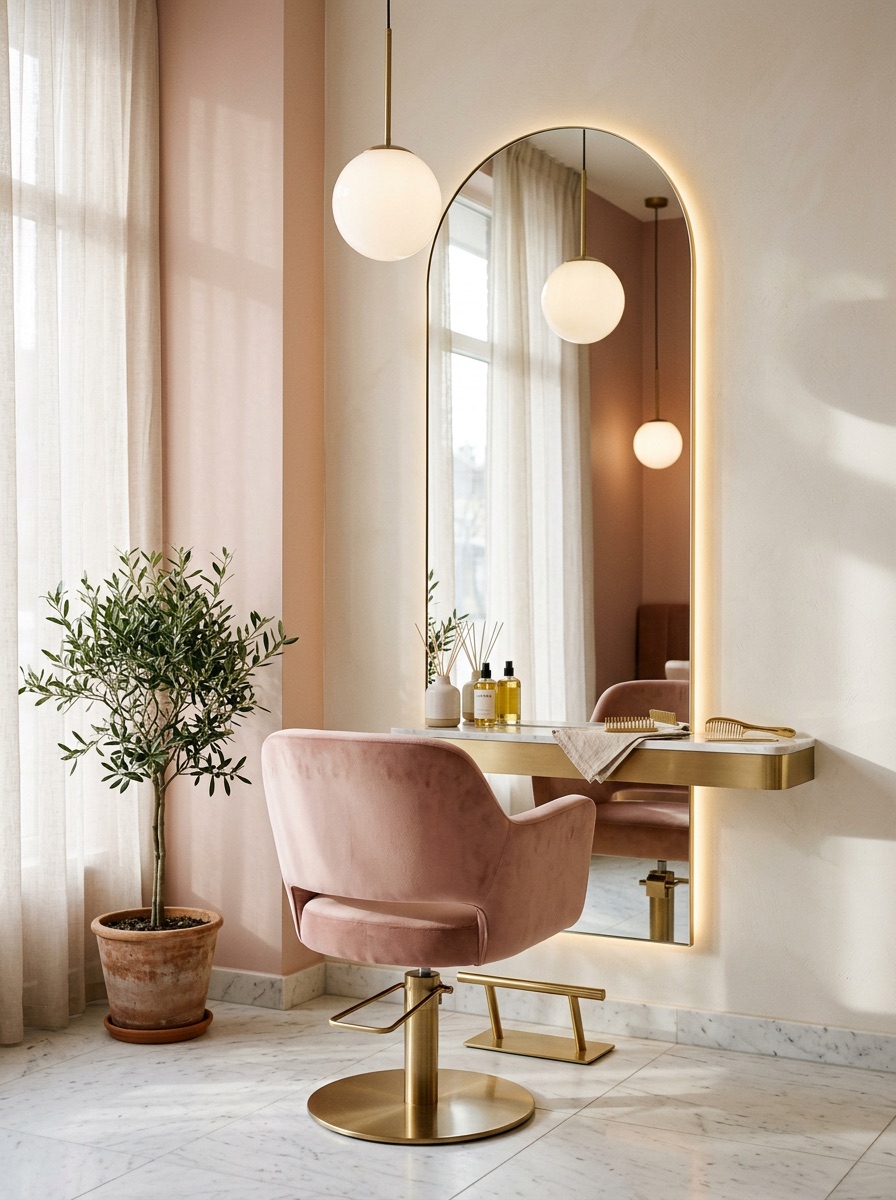 Interior do estúdio Aura: espelho em arco com luz quente, cadeira rosé de veludo e oliveira ao lado